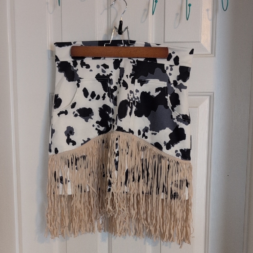 Cow Print Fringe Skirt